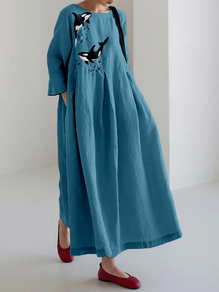 Whales Embroidery Art Vintage Linen Blend Maxi Dress Whales Embroidery Art Vintage Linen Blend Maxi Dress