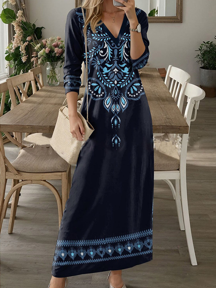 Geometric Floral Print Elegant Long Sleeve Dress Geometric Floral Print Elegant Long Sleeve Dress