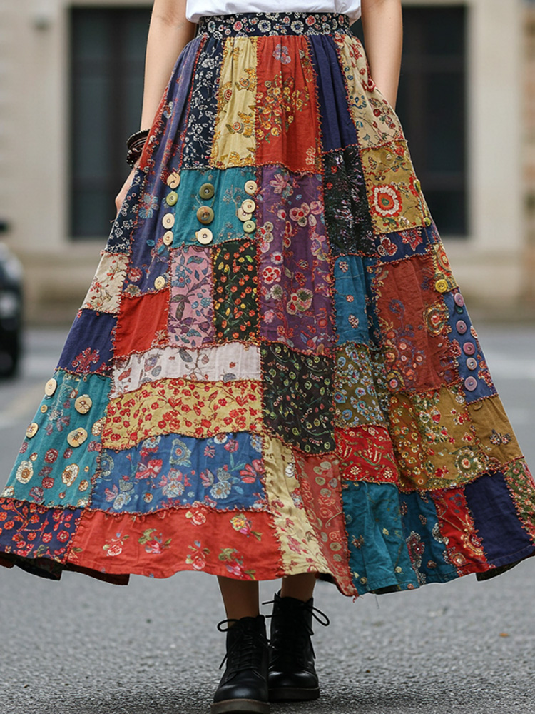Bohemian Style Colorful Patchwork Ethnic Print Skirt