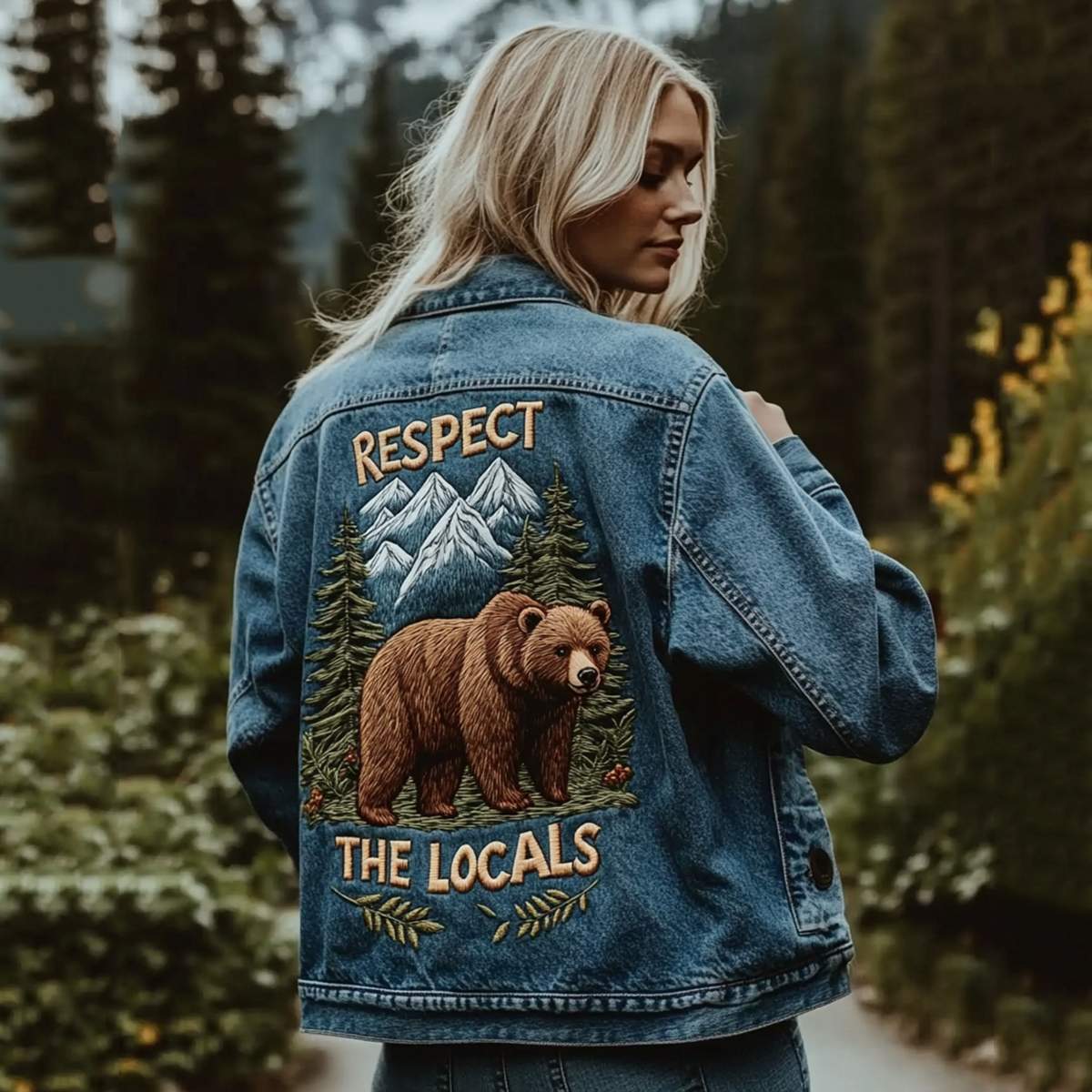 Respect The Locals Bear Embroidery Women's Denim Jacket Respect The Locals Bear Embroidery Women's Denim Jacket