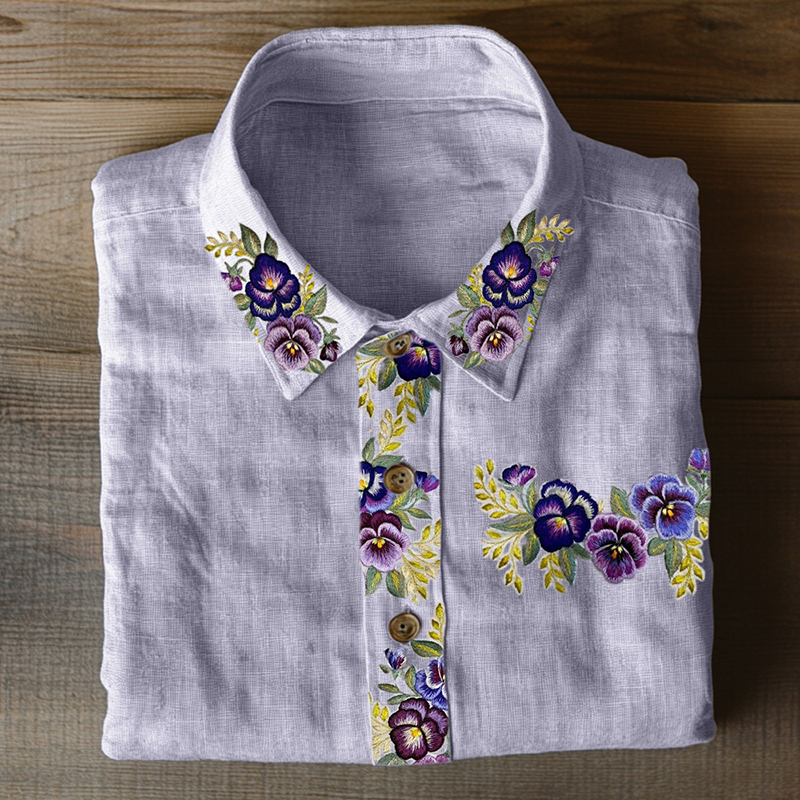 Classy Pansy Floral Embroidered Linen Blend Blouse Classy Pansy Floral Embroidered Linen Blend Blouse