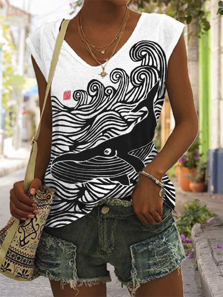 Whale & Waves Japanese Lino Art V Neck Tank Top Whale & Waves Japanese Lino Art V Neck Tank Top