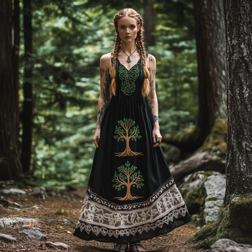 Tribal Celtic Knot Life Of Tree Lace Patchwork Art Linen Tank Dress Tribal Celtic Knot Life Of Tree Lace Patchwork Art Linen Tank Dress