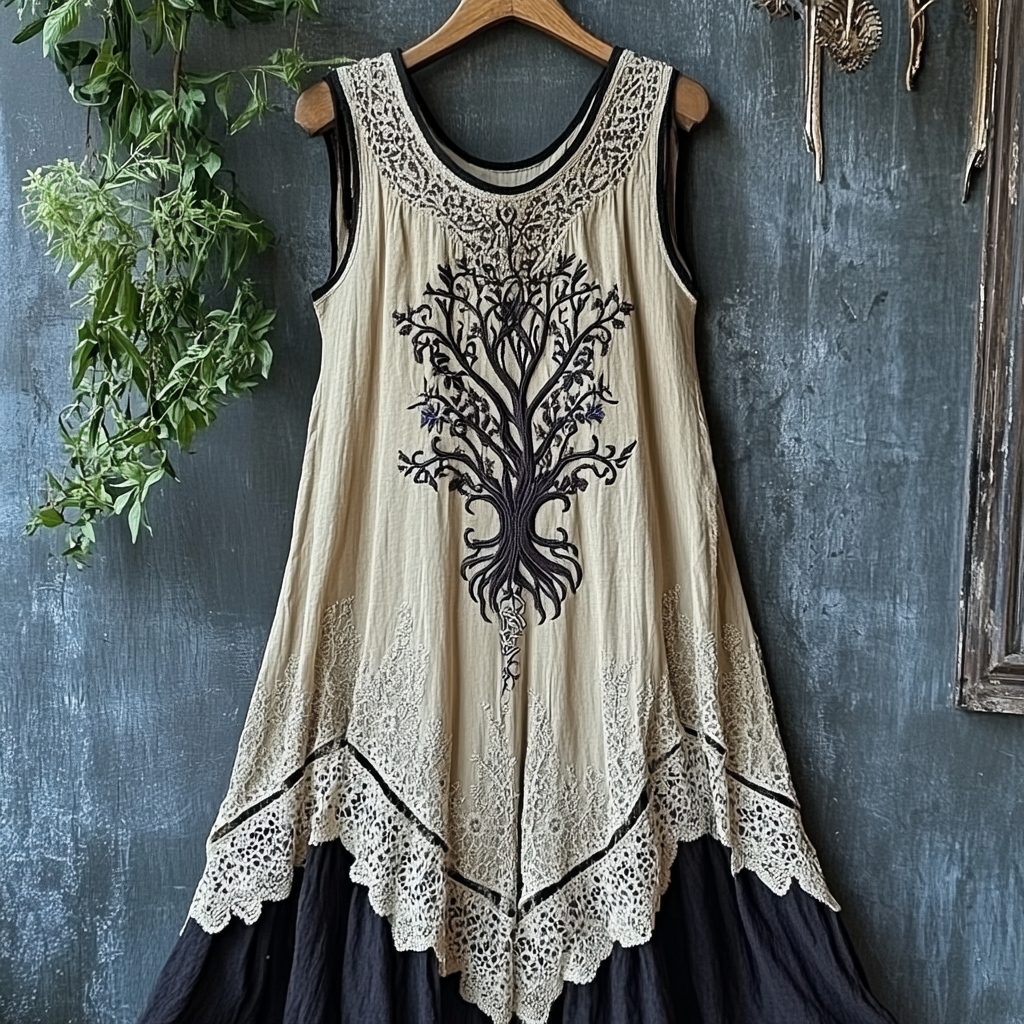 Women's Vintage Tribal Viking Tree Of Life Lace Panel Dress Women's Vintage Tribal Viking Tree Of Life Lace Panel Dress