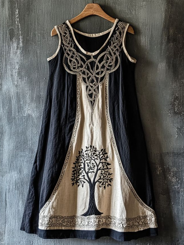 Vintage Viking Tree Of Life Art Linen Sleeveless Maxi Dress