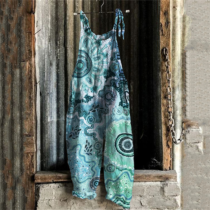 Boho Floral Ethnic Art Linen Blend Jumpsuit Boho Floral Ethnic Art Linen Blend Jumpsuit