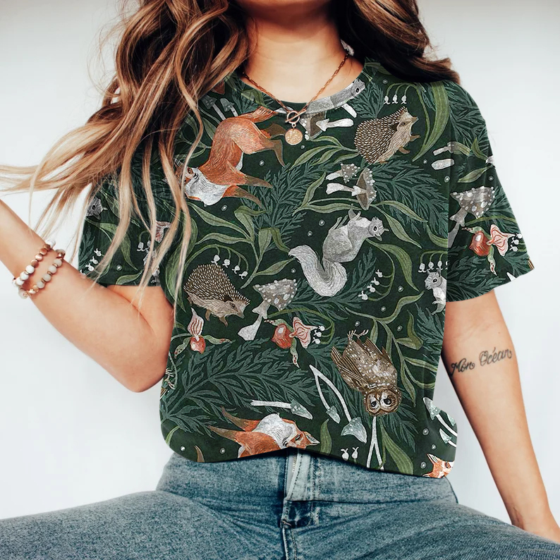 Vintage Forest Animals Printed Comfy T Shirt