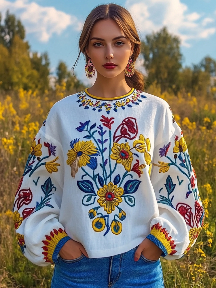 Ukrainian Folk Floral Embroidery Linen Shirt