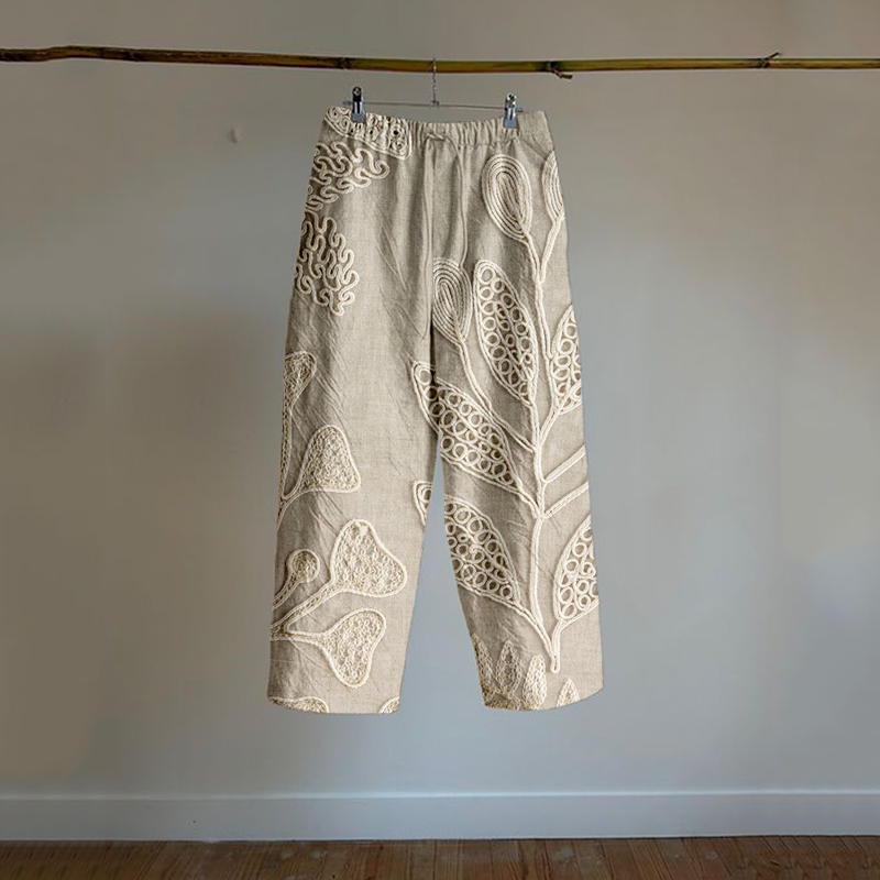 Vintage Leaf Embroidery Art Linen Blend Comfy Pants Vintage Leaf Embroidery Art Linen Blend Comfy Pants