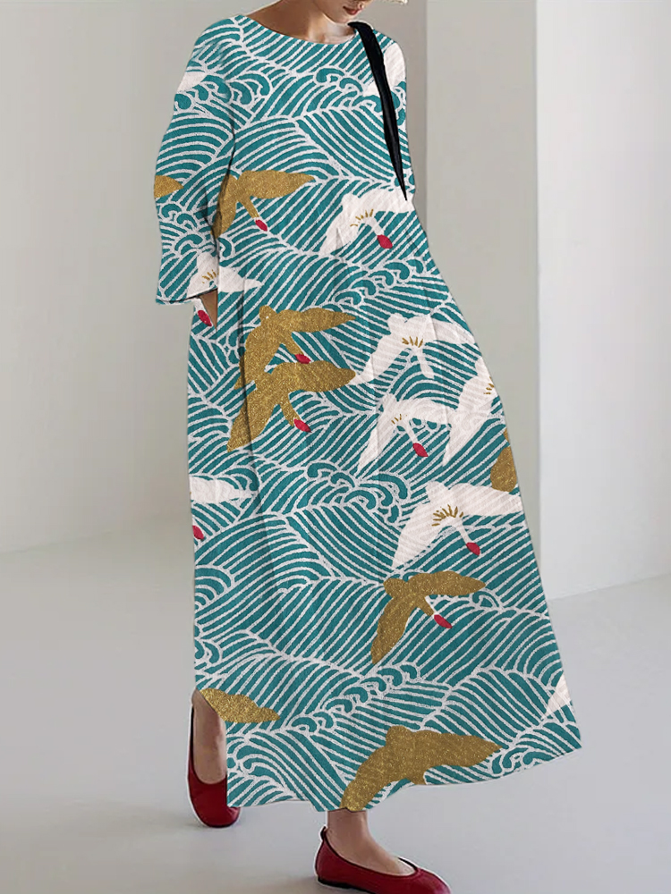 Wave & Crane Print Linen Blend Maxi Dress