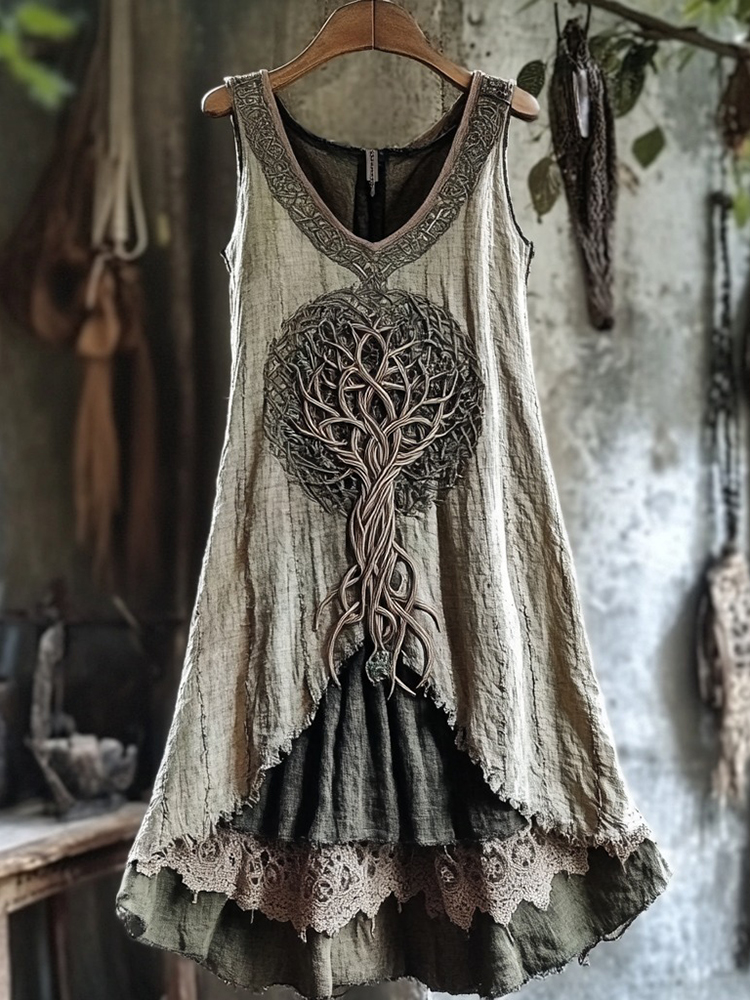 Tribal Tree Of Life Lace Patchwork Art Linen Tank Dress
