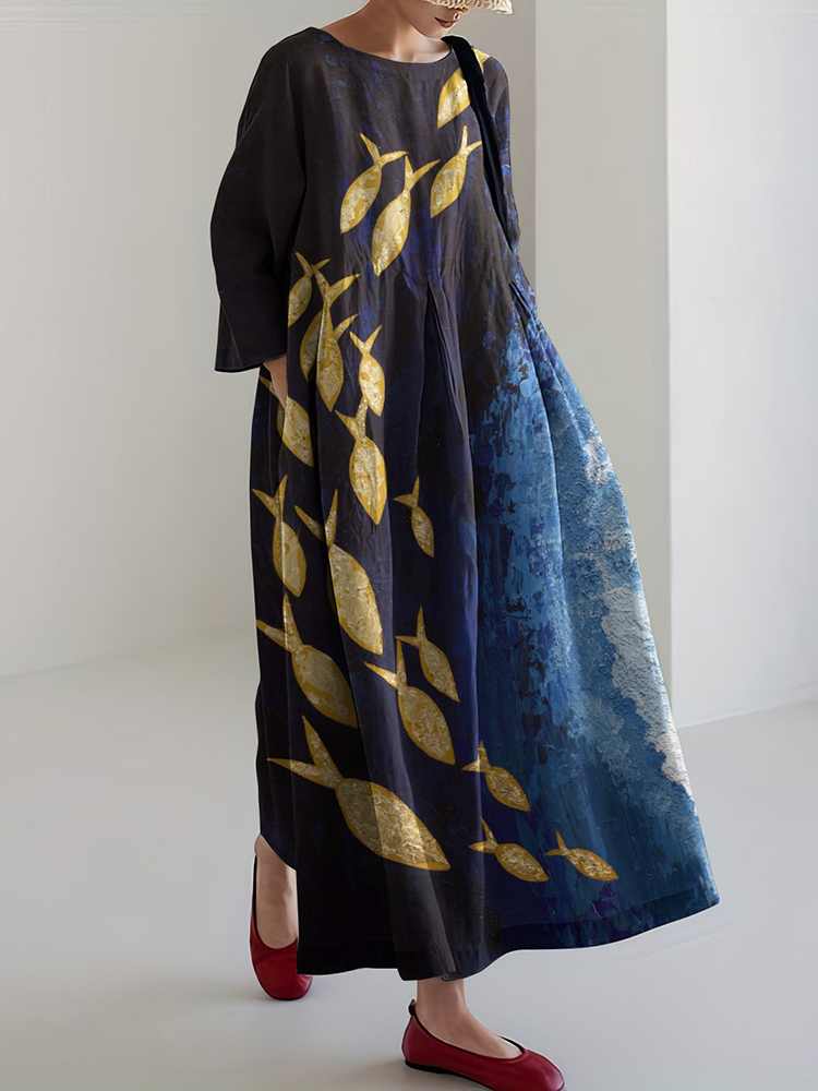 Women's Ocean Fish Schools Linen Blend Maxi Dress