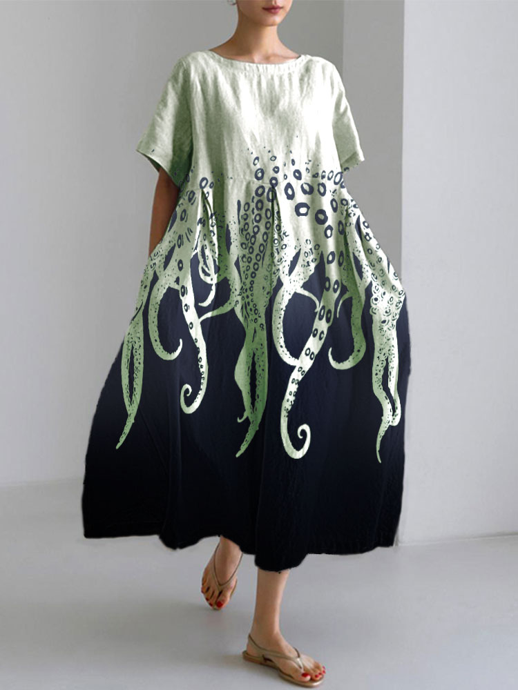 Ocean Octopus Japanese Art Linen Blend Casual Dress Ocean Octopus Japanese Art Linen Blend Casual Dress