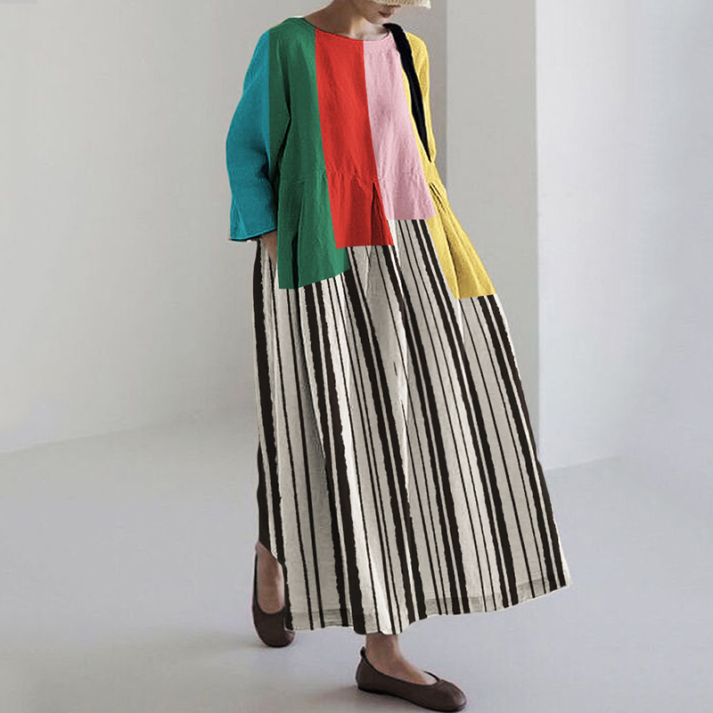 Colorblock Geometric Art Striped Linen Blend Maxi Dress Colorblock Geometric Art Striped Linen Blend Maxi Dress