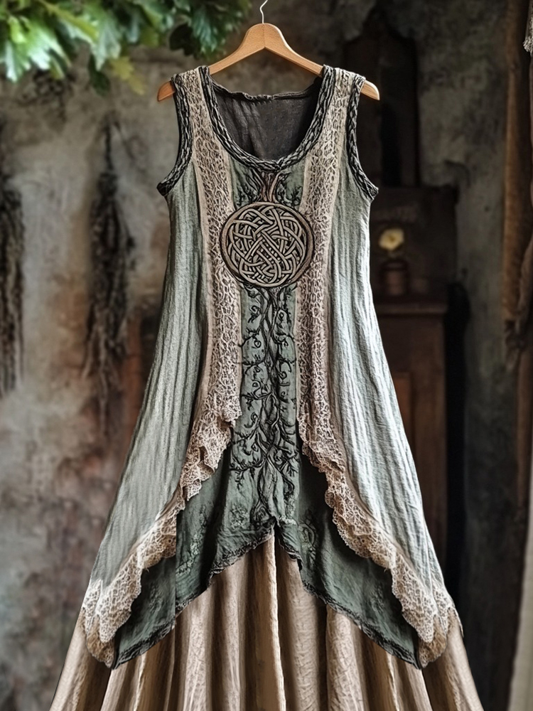 Tribal Celtic Knot Plant Embroidery Lace Patchwork Art Linen Tank Dress