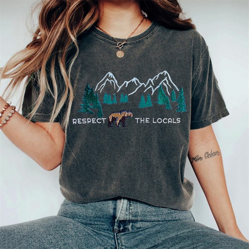 Respect The Locals Bear Landscape Embroidered Washed T Shirt Respect The Locals Bear Landscape Embroidered Washed T Shirt