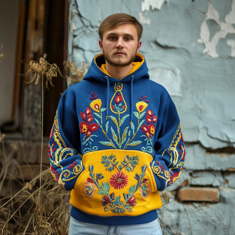Men's Ukrainian Folk Floral Embroidered Contrast Color Washed Hoodie Men's Ukrainian Folk Floral Embroidered Contrast Color Washed Hoodie
