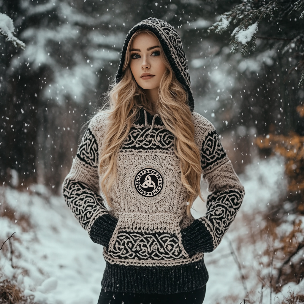 Women's Viking Totem Celtic Knot Vintage Pocket Hooded Sweater Women's Viking Totem Celtic Knot Vintage Pocket Hooded Sweater