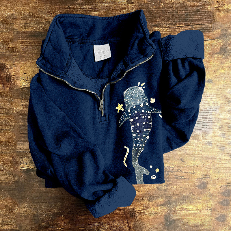 Whale Shark Embroidered Zip Up Comfy Sweatshirt Whale Shark Embroidered Zip Up Comfy Sweatshirt