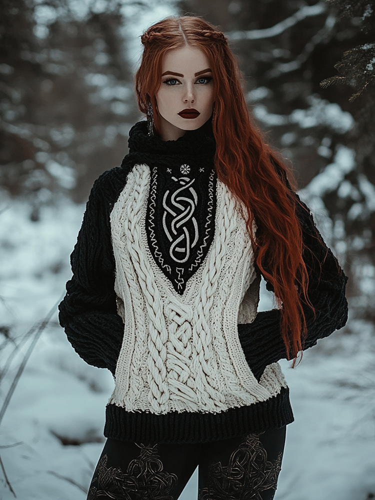 Women's Viking Tribal Jacquard Celtic Inspired Chunky Knit Hooded Sweater