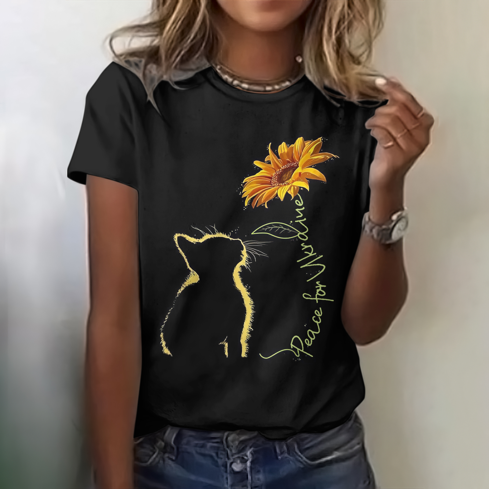 Ukrainian Cat Hugs Peace Sunflower T-shirt