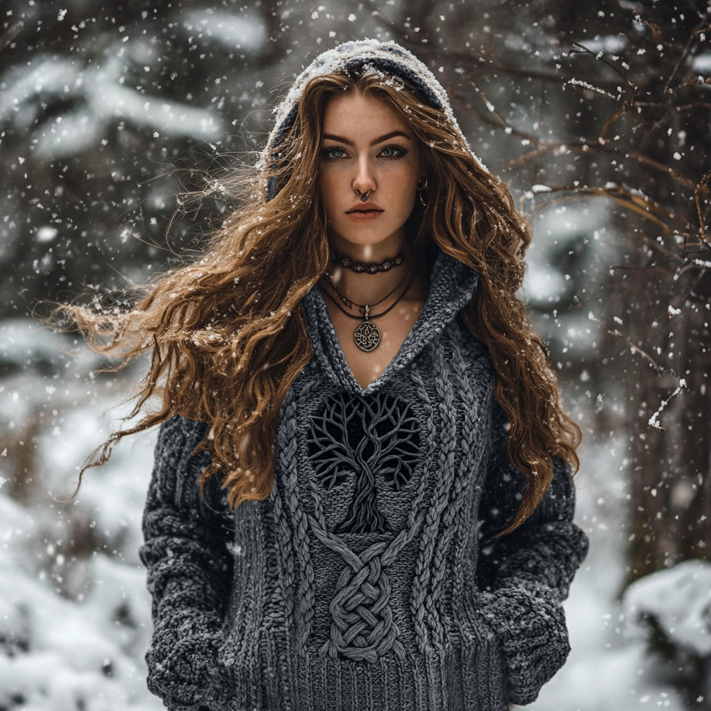Women's Viking Tribal Runes Life Of Tree Chunky Knit Hooded Sweater Women's Viking Tribal Runes Life Of Tree Chunky Knit Hooded Sweater