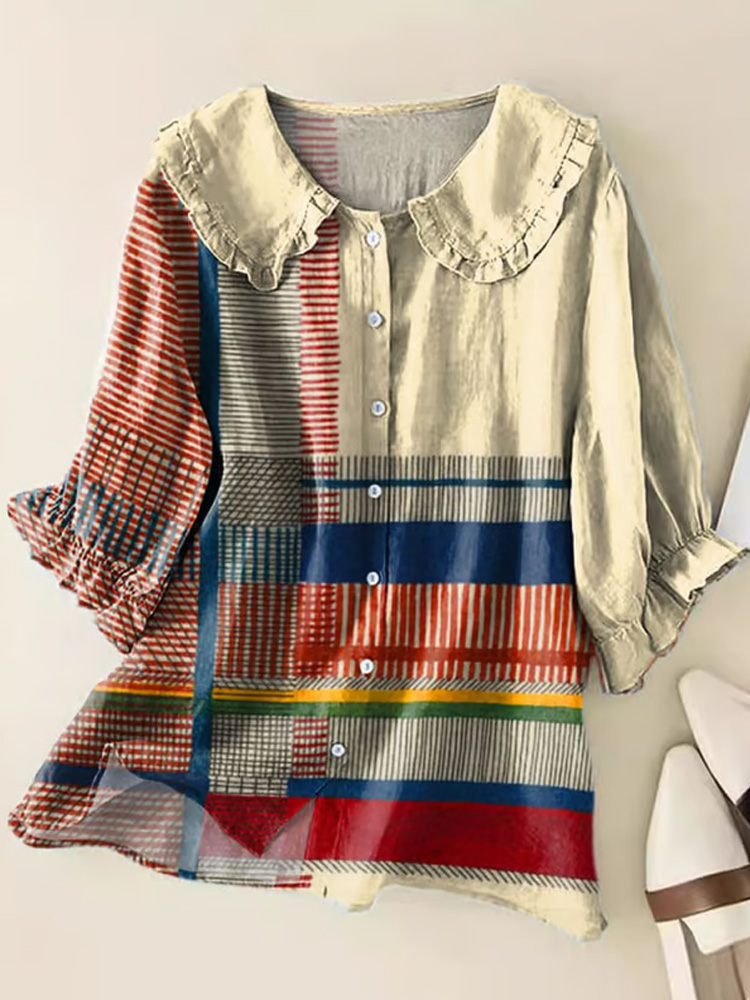 Women's Cotton And Linen Contrast Geometric Print Shirt