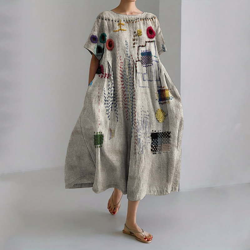 Colorful Embroidered Japanese Sashiko Art Linen Blend Maxi Dress Colorful Embroidered Japanese Sashiko Art Linen Blend Maxi Dress