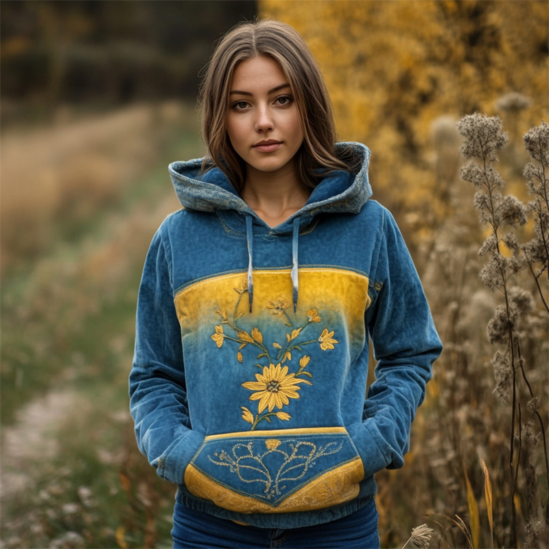 Ukraine Ethnic Floral Embroidered Gradient Washed Hoodie Ukraine Ethnic Floral Embroidered Gradient Washed Hoodie