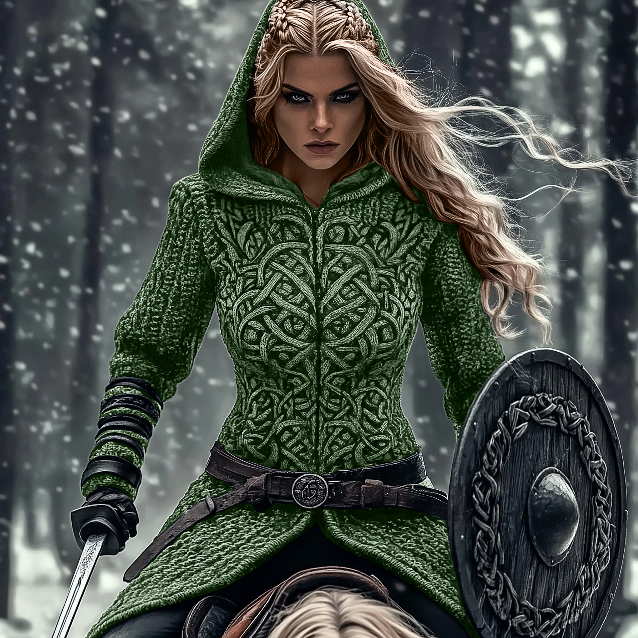 Women's Viking Tribal Jacquard Celtic Chunky Knit Zip-up Hooded Sweater