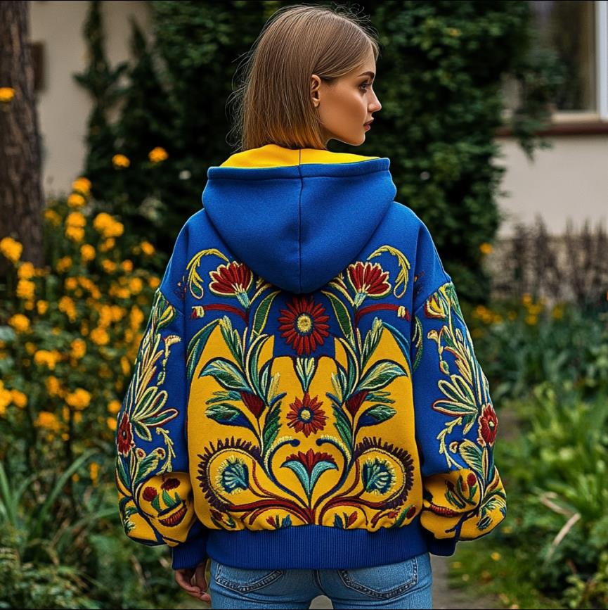Ukraine Floral Embroidered Contrast Color Cozy Hoodie Ukraine Floral Embroidered Contrast Color Cozy Hoodie