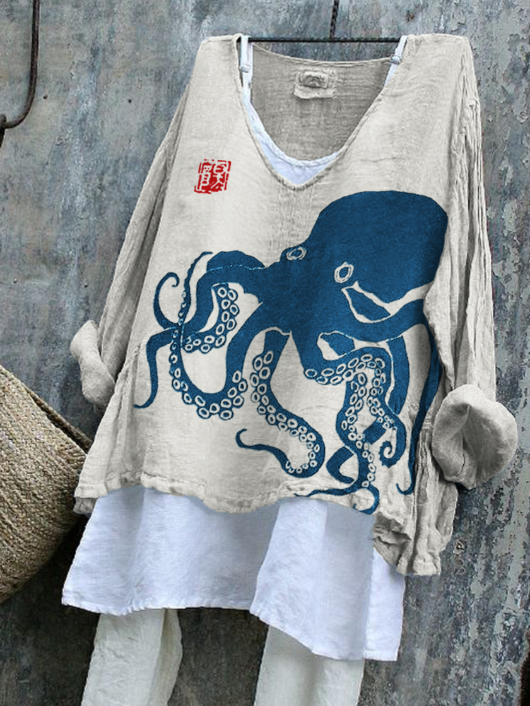 Octopus Japanese Lino Art Flowy Linen Blend Tunic Octopus Japanese Lino Art Flowy Linen Blend Tunic