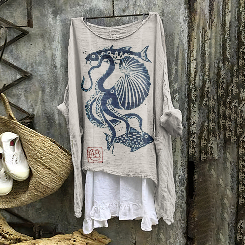Vintage Japanese Art Ocean Octopus Linen Blend Shirt Vintage Japanese Art Ocean Octopus Linen Blend Shirt