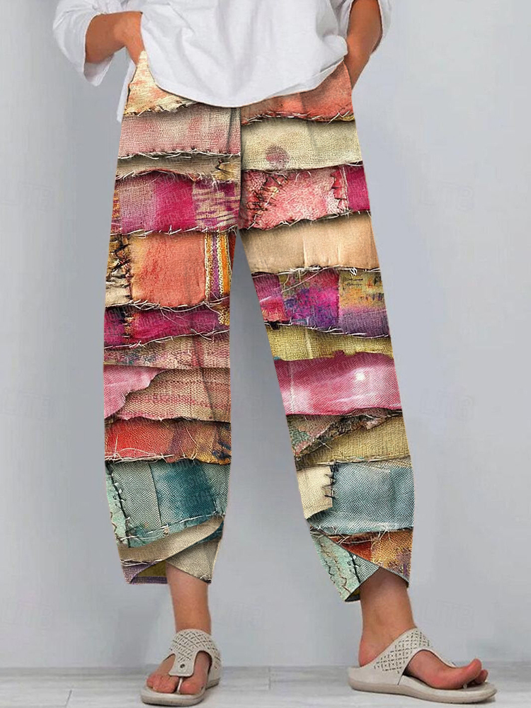 Women's Vintage Multicolor Patchwork Art Linen Blend Pants