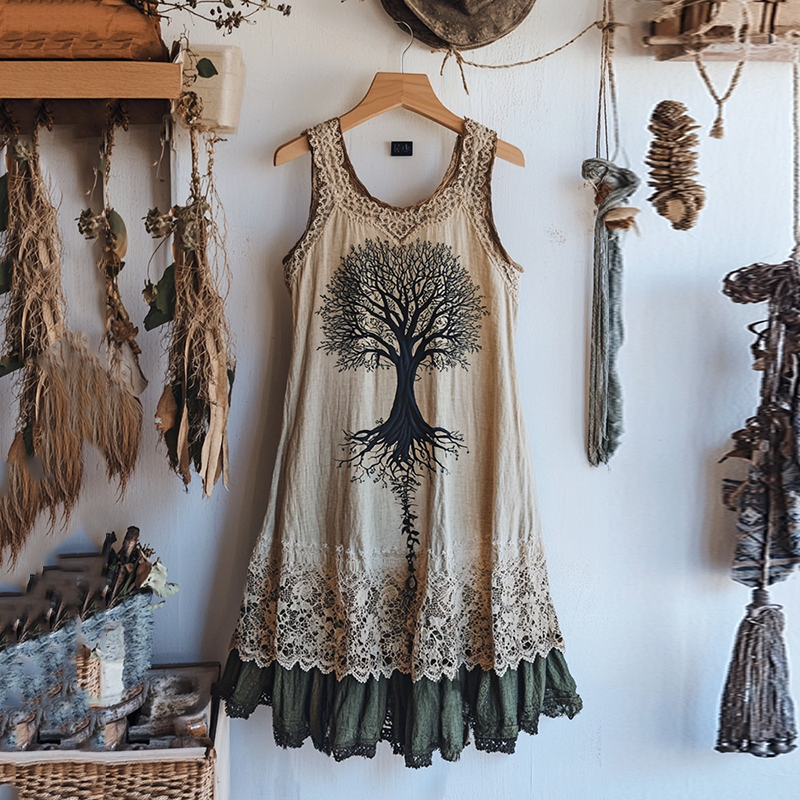 Viking Tree Of Life Lace Art Linen Tank Dress Viking Tree Of Life Lace Art Linen Tank Dress
