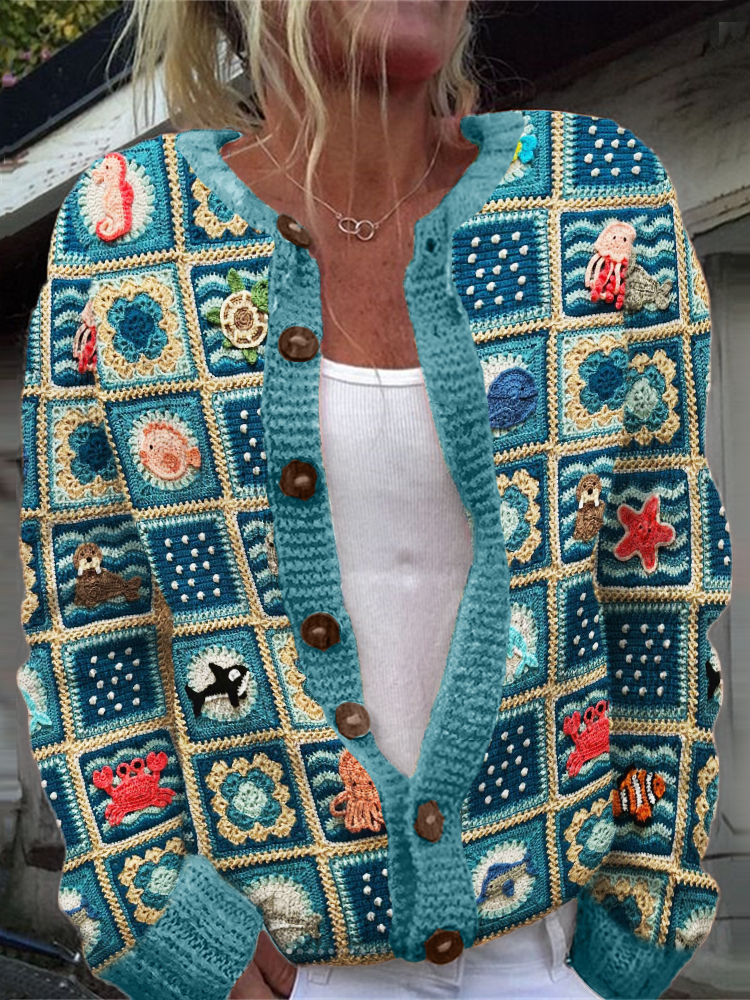 Sea Life Marine Crochet Cozy Knit Cardigan