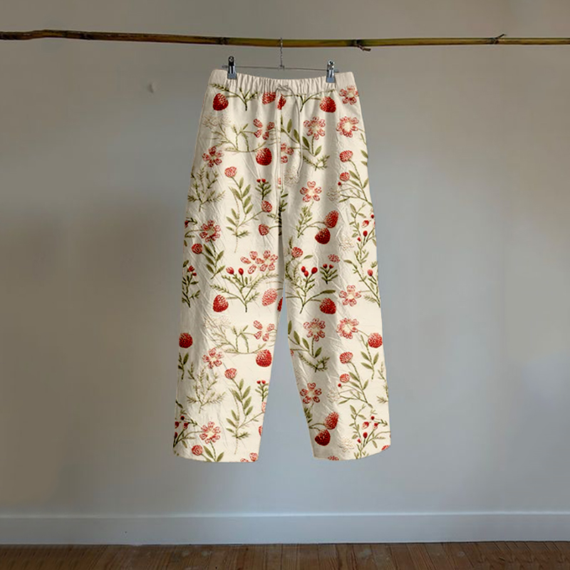 Vintage Strawberry Graphic Linen Blend Comfy Pants Vintage Strawberry Graphic Linen Blend Comfy Pants