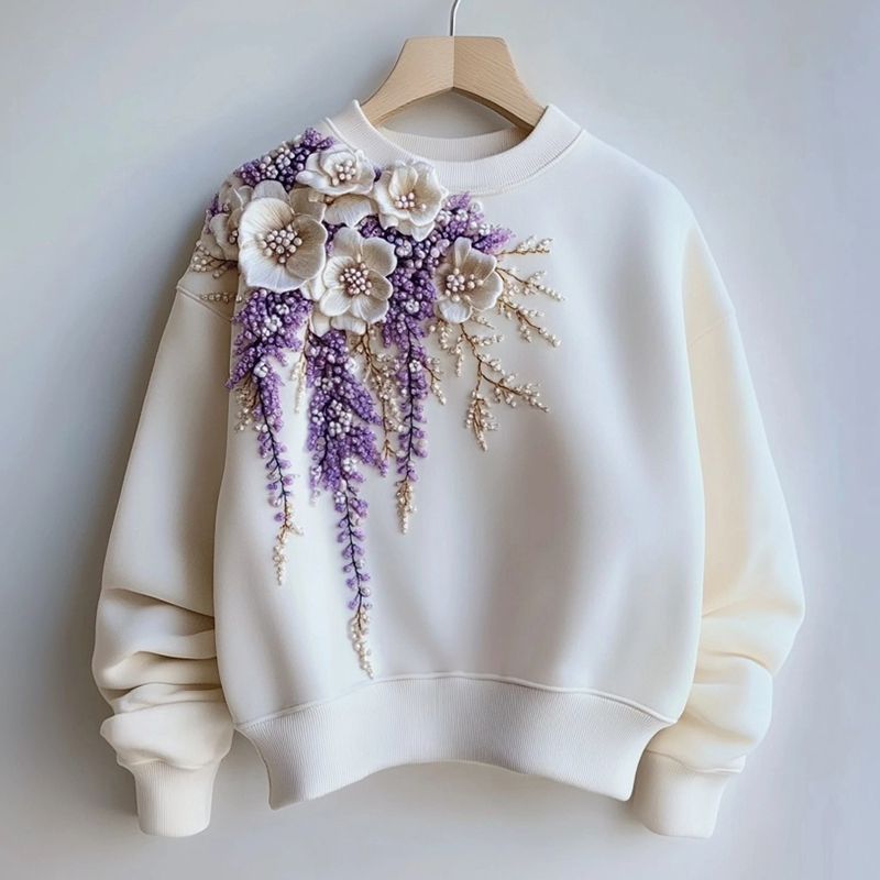 Women's Purple Floral Pearl Embroidered Sweatshirt Women's Purple Floral Pearl Embroidered Sweatshirt