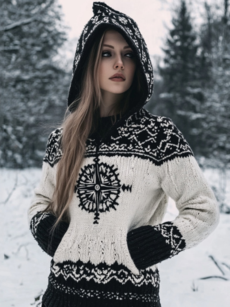 Vintage Viking Compass Celtic Cozy Chunky Hooded Cardigan