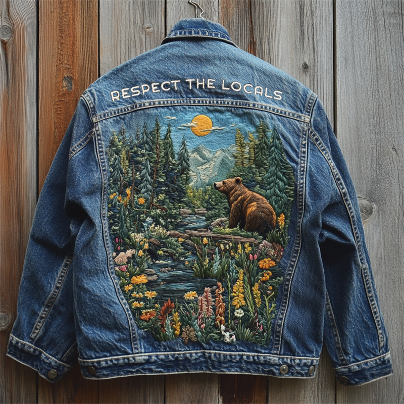 Respect The Locals Bear Landscape Embroidered Denim Jacket Respect The Locals Bear Landscape Embroidered Denim Jacket