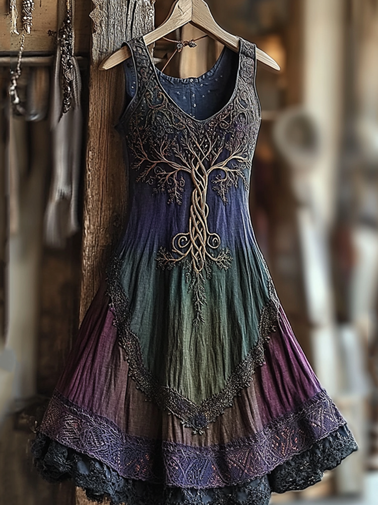 Women's Vintage  Viking Tree Of Life Gradient Linen Dress