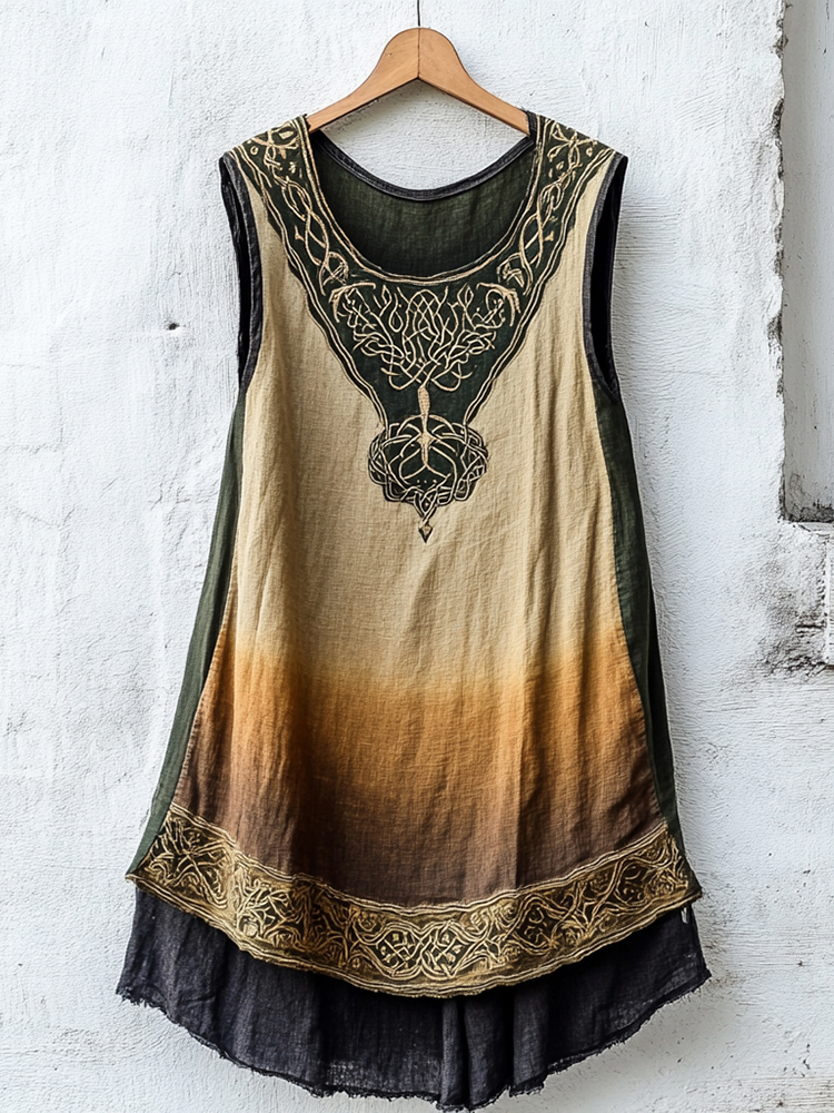 Women's Viking Tree Of Life Celtic Knot Gradient Art Linen Sleeveless Top