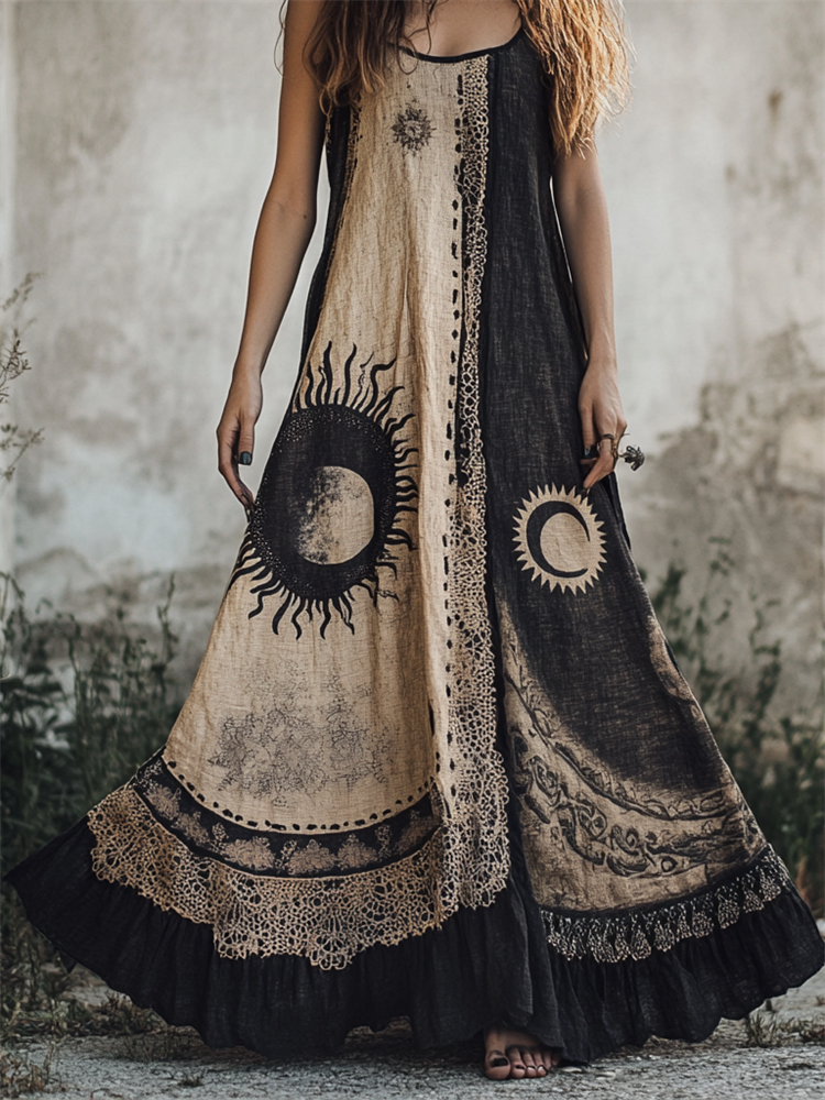 Mystical Sun & Moon Contrast Lace Layered Maxi Linen Dress