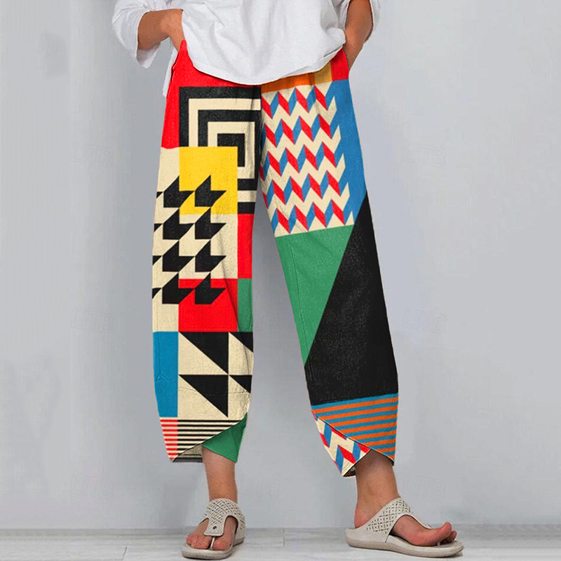 Women's Abstract Art Geometric Pattern Linen Blend Pants Women's Abstract Art Geometric Pattern Linen Blend Pants