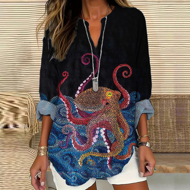 Ocean Octopus Embroidered Thread Stitch Women's Linen Shirt Ocean Octopus Embroidered Thread Stitch Women's Linen Shirt