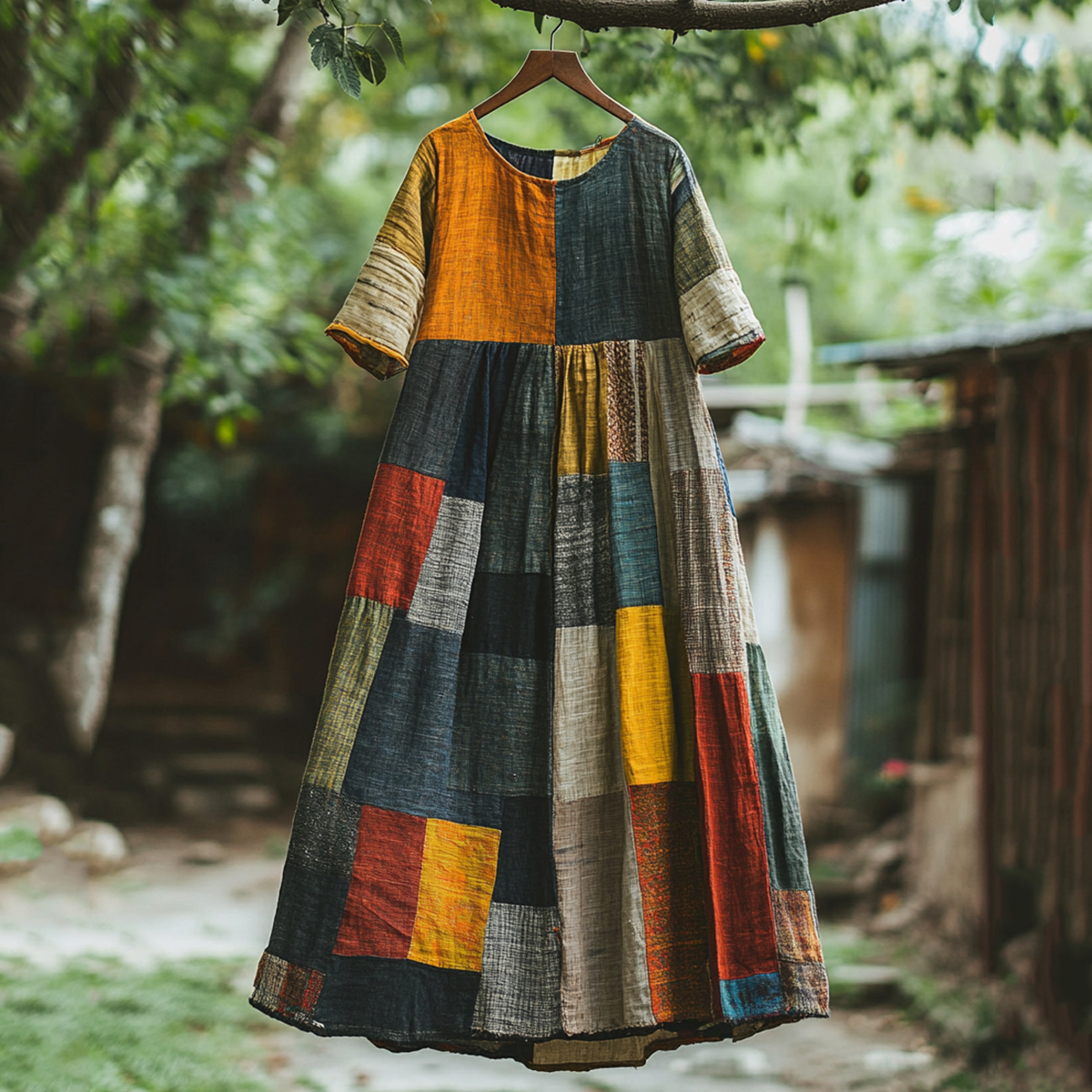 Vintage Color Block Linen Blend Midi Dress Vintage Color Block Linen Blend Midi Dress