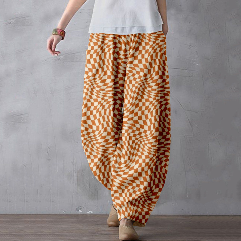 Wavy Checkerboard Pattern Linen Blend Comfy Pants Wavy Checkerboard Pattern Linen Blend Comfy Pants