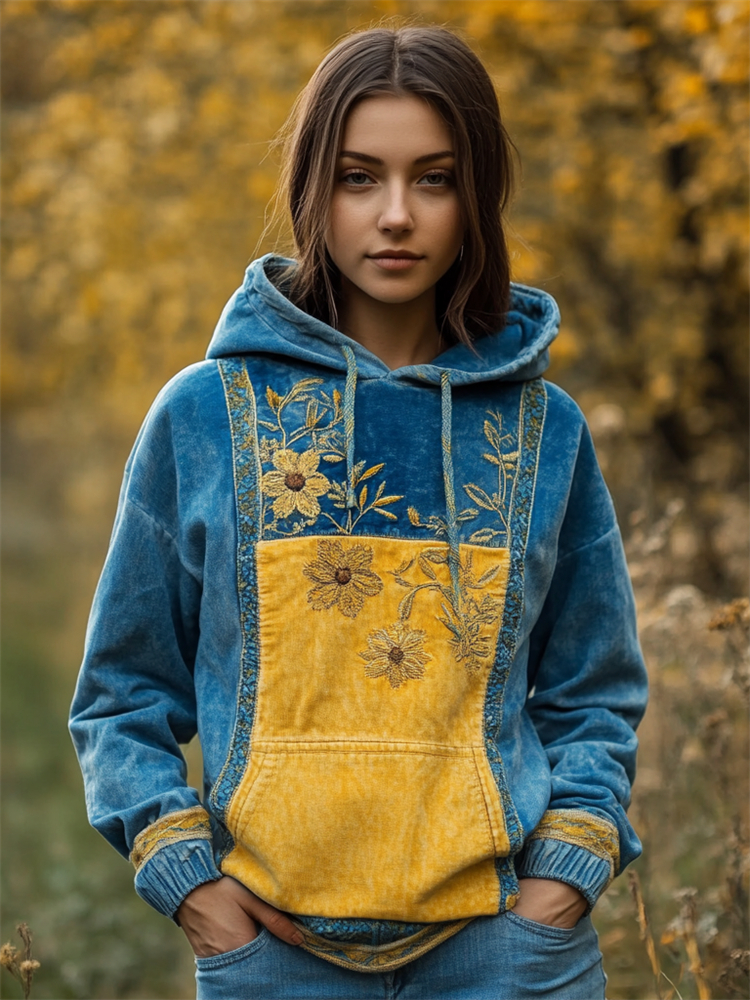 Ukraine Ethnic Floral Embroidered Contrast Color Washed Hoodie