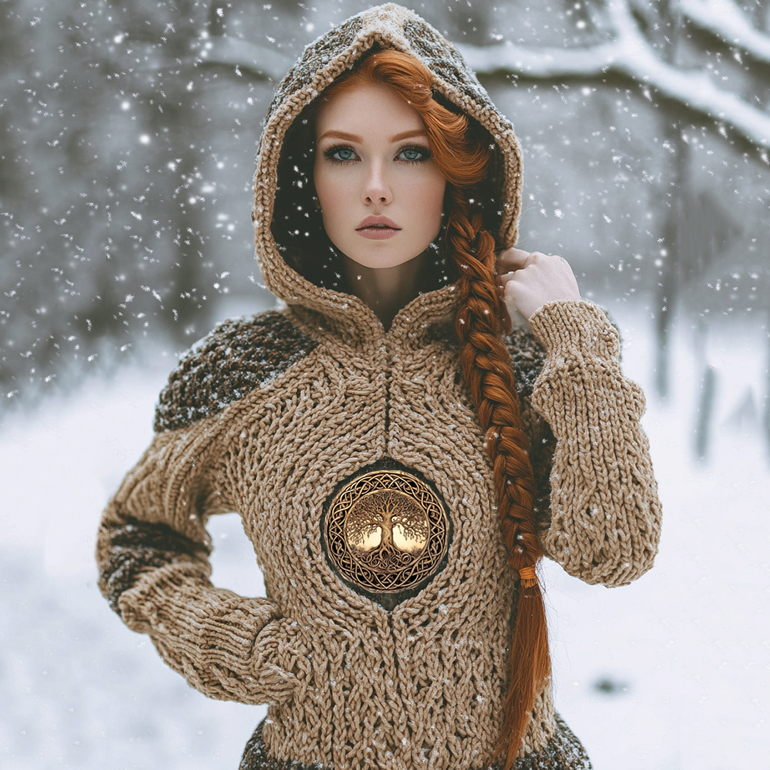 Vintage Viking Tribal Tree Of Life Jacquard Celtic Knit Hooded Sweater Vintage Viking Tribal Tree Of Life Jacquard Celtic Knit Hooded Sweater