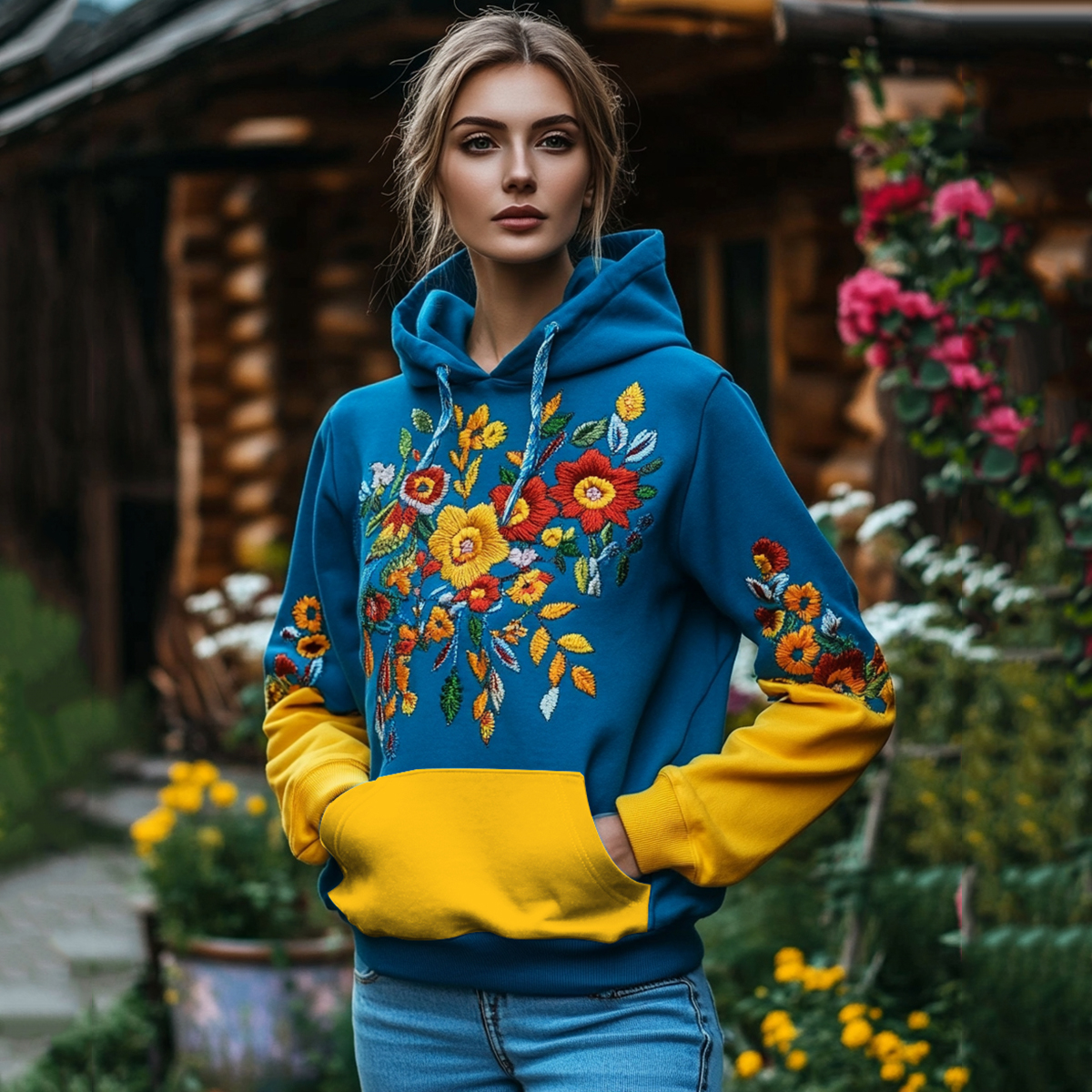 Ukrainian Folk Flower Embroidered Gradient Art Pattern Hoodie Ukrainian Folk Flower Embroidered Gradient Art Pattern Hoodie